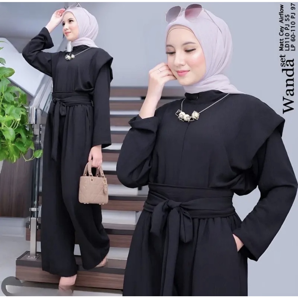 Olive Setelan Wanita Kekinian Crinkle Airflow Fashion Muslim Terbaru Oneset Tali Pinggang Korean Style Daily Set Viral