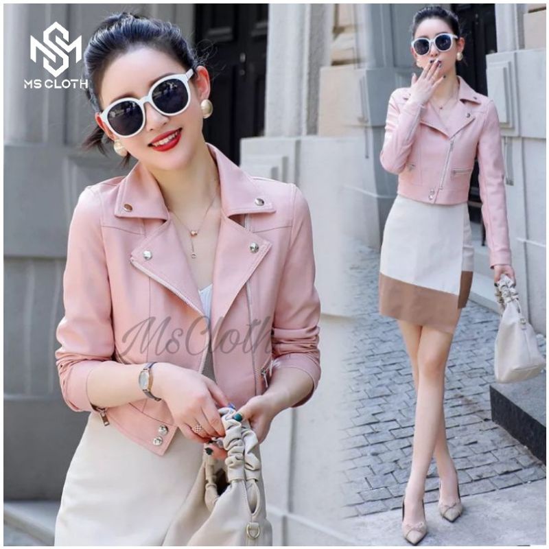 jaket crop wanita/jaket semi kulit wanita/jaket sintetis wanita/jaket crop pink