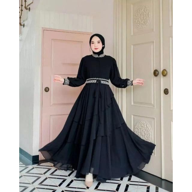 Mikayla ( FREE PASHMINA) Dress Kondangan Gamis Pesta Mewah Elegan Baju Wanita Jumbo Gamis Dewasa Ceruty Babydoll Aksen Renda