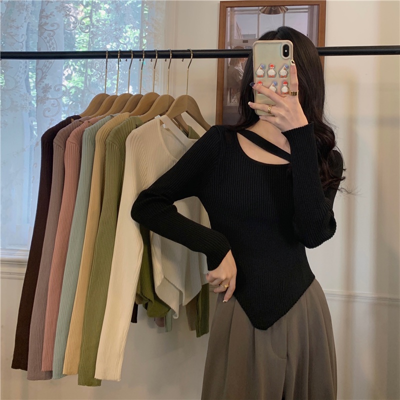 Crop Top Lengan Panjang Sweater Knit Korea Blouse Rajut Kekinian