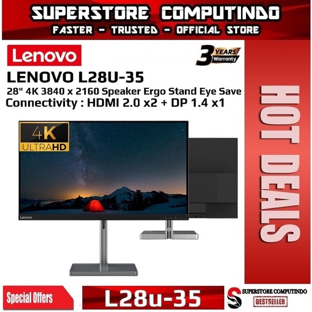 Monitor LED Lenovo L28u-35 28&quot; 4K HDMI DP Speaker Ergo Stand Eye Save