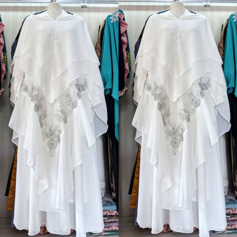 Terbaru syar'i Random - Gamis syari ceruty babydoll putih set khimar Gamis syari wanita muslimah pes