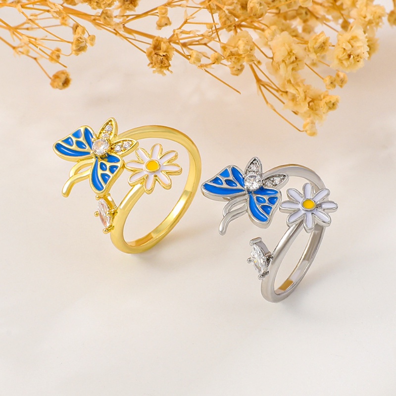 Ins Style Blue Drip Butterfly Ring Vintage Fashion Cincin Bunga Daisy Kuning Zircon Rings Untuk Wanita