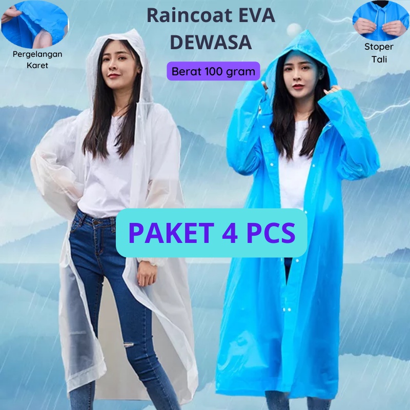 Jas Hujan Raincoat Terusan EVA Pria Wanita Dewasa Paket 4 Pcs Mantel Ponco Terusan Dewasa Gamis Hijab