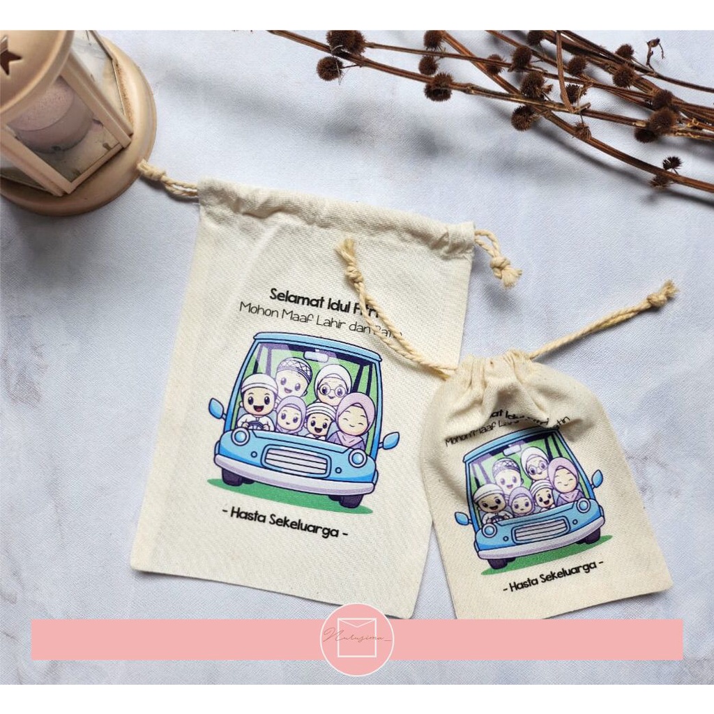 pouch serut blacu custom tambah nama/ pouch lebaran / pouch serut lebaran / pouch hampers serut / ta