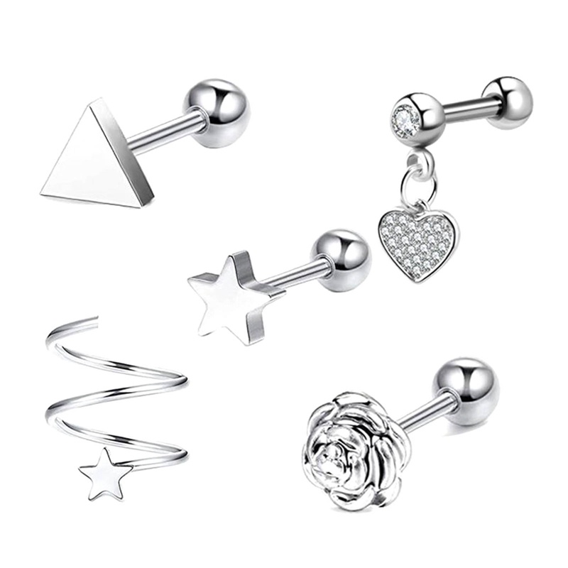 5 Pcs Stainless Steel Flat Bottom Studs Earring Butterfly Bunga Mawar Anting Kristal Tulang Rawan Helix Keong Telinga Tindik