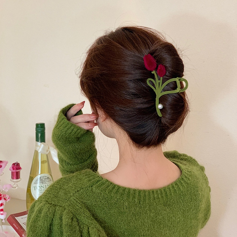 Korea Vintage Merah Beludru Tulip Jepit Rambut Gadis Manis Mutiara Hair Clip Woman Aksesoris Rambut