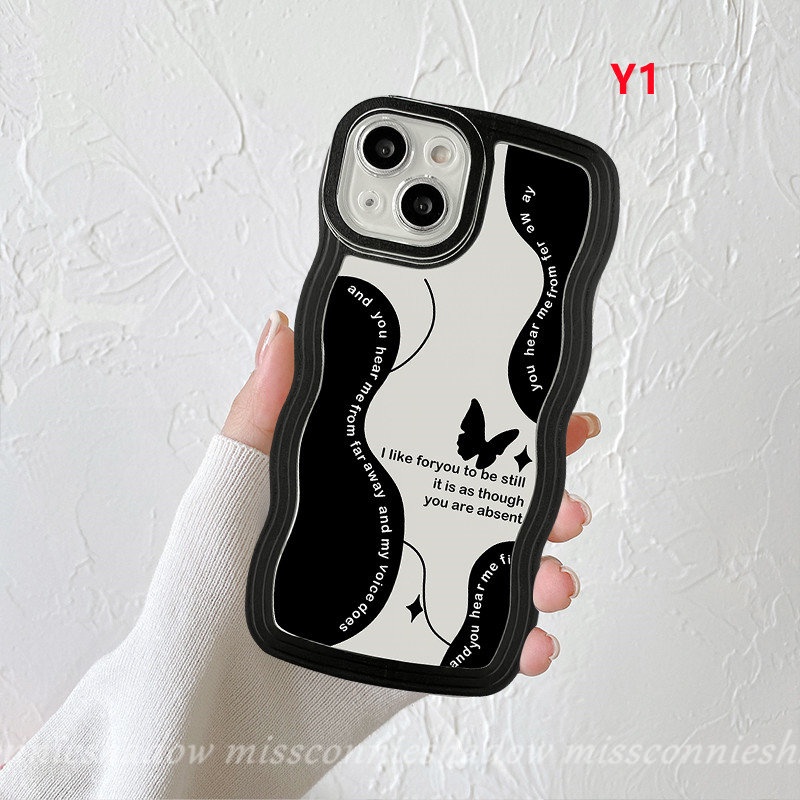 Casing OPPO A17K A15 A17 A16 A55 A54 A76 A96 A95 A5 A9 A16s A74 A52 A5s A7 A12 A57 A77 A16K A3s A77s A1k A53 Reno 8Z 7 8 7Z 6 Black Retro Flower Butterfly Wavy Edge Soft Back Sarung