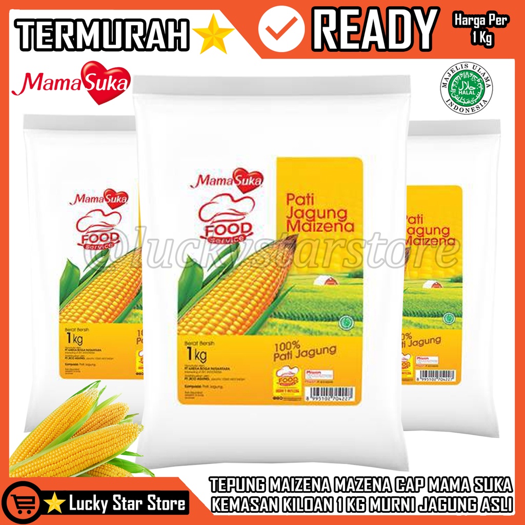 

TEPUNG MAIZENA MAZENA CAP MAMA SUKA KEMASAN KILOAN 1 KG MURNI JAGUNG ASLI CORN STARCH MAMASUKA 1KG TEPUNG MAIZENA 1KG 100% SARI PATI JAGUNG MURNI ASLI TEPUNG JAGUNG HALALSEBAGAI PELENGKET PEREKAT BAHAN ADONAN KUE PEMPEK OALAHAN MAKANAN BAHAN BAKING