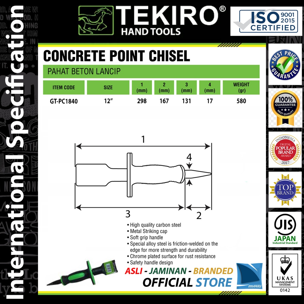 Pahat Beton 12&quot; inch Lancip Bobok Titik Aman Untuk Tangan - Concrete Pointed Chisel TEKIRO