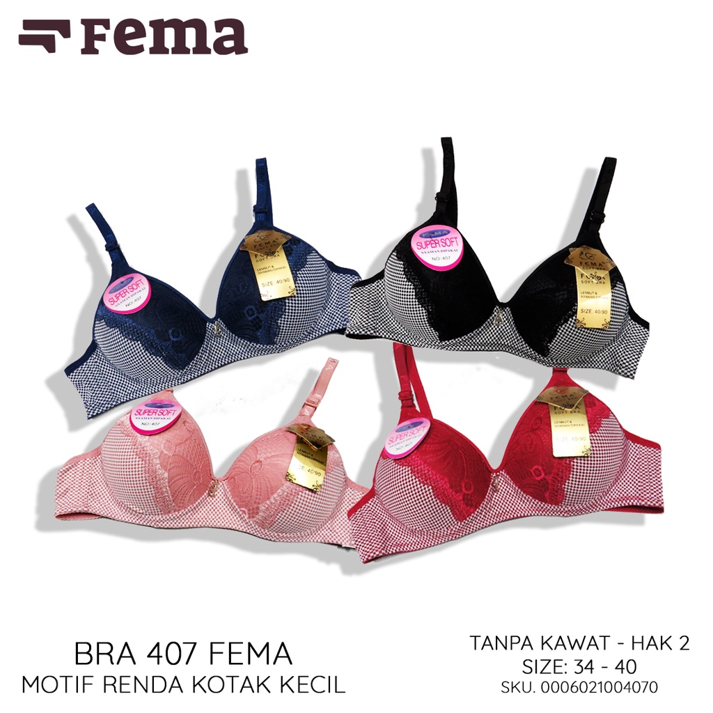 FEMA Official Shop Ecer 1 Pcs BH Bra 407/406 Renda Tengah Motif Kotak Kecil