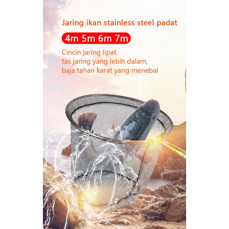 Serokan ikan Lipat Jaring Bulat dan Segitiga Telescopic Net Besi tahan karat 4m 5m 6m