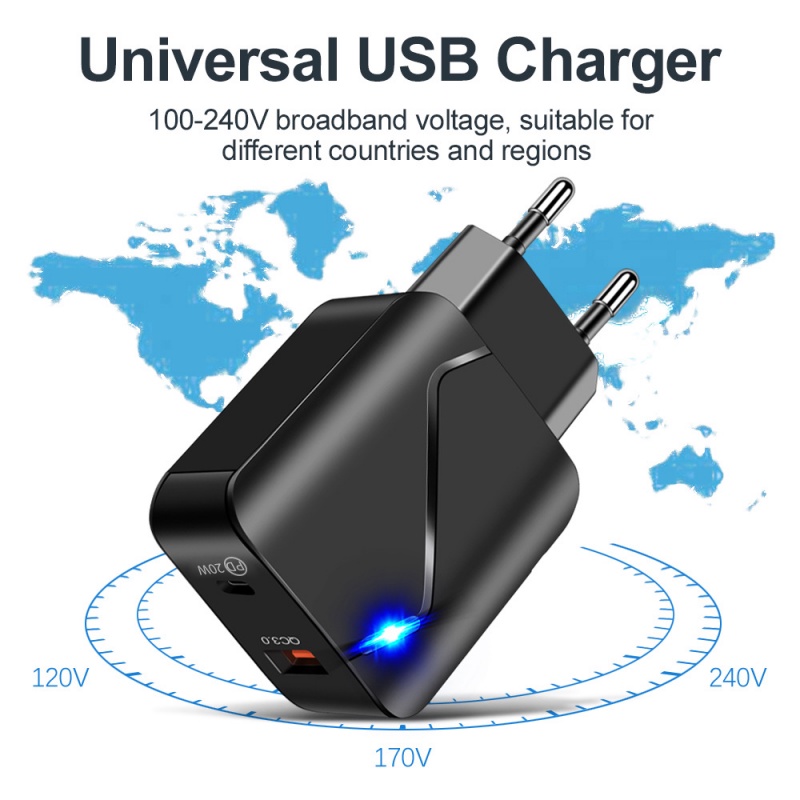 Luminous PD20W+QC3.0 3A USB Charger Ponsel Pengisian Cepat Dual-port US-European Fast Charging Travel Charger