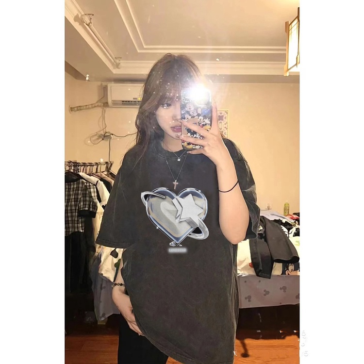 EUNII T-shirt Lengan Pendek Black Washed Vintage Heart Printing Korean Style/Kaos Atasan Wanita/Baju Wanita/Kaos Wanita