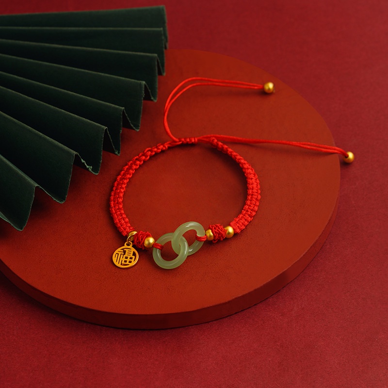 Goldkingdom Perhiasan Fashion Emas Asli Kadar 375Bangkok Aksesoris Ready Stock Gelang Interlocking Permata Vintage Gilt Wanita Model Adjustable Tali Merah