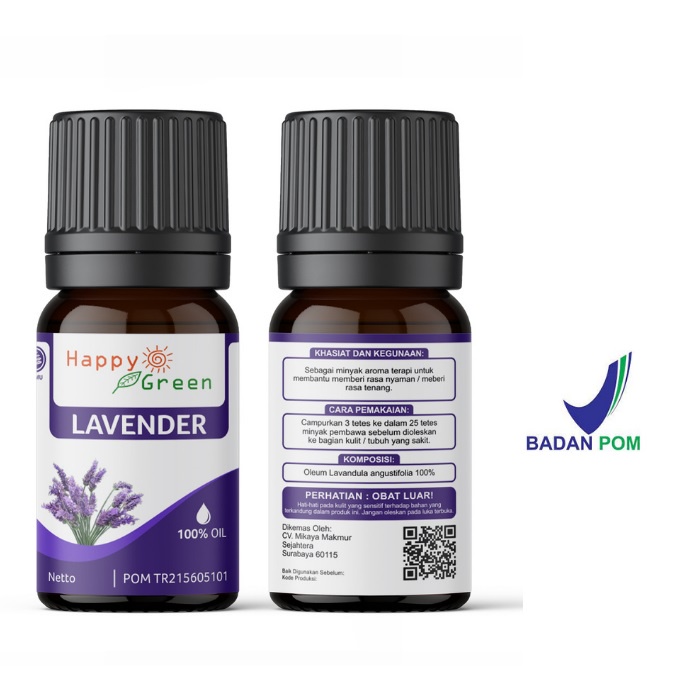 BPOM Happy Green Lavender Essential Oil (Minyak Lavender) 100% Pure Imported USA Pasti Murni