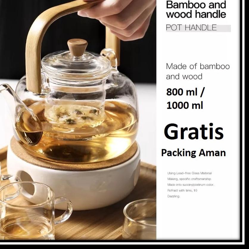 [Tahan Api] Ceret Tea Pot Teko Kaca Tahan Panas Pitcher teapot Gagang Kayu Glass Teapot Japanese Sty