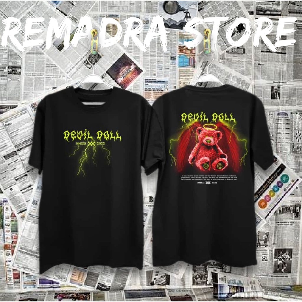 Kaos Distro Pria | Wanita | Cowok/Cewek Catton Combad30s | T-shirt Kekinian | Boneka Devil Dol Hitam