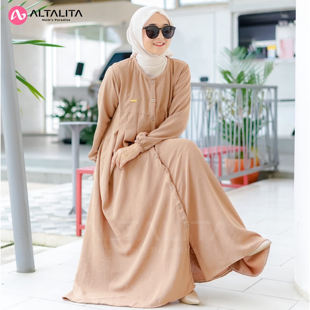 Altalita - Dress Amaraa Full Kancing Lengan Panjang Cringkle Airflow Polos Wanita Muslimah Gamis Lebaran Kekinian Busui Basic Casual Premium Kondangan Vintage Terbaru