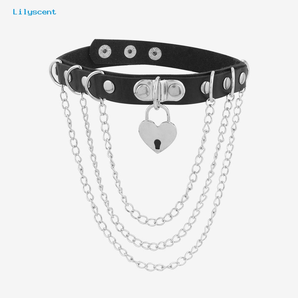 [LS] Kalung Choker Gaya Punk Gothic Hip Hop Cinta Hati Liontin Berlebihan Dekorasi Kulit Imitasi Wanita Rantai Logam Rumbai Liontin Kalung Fashion Perhiasan Untuk Pesta