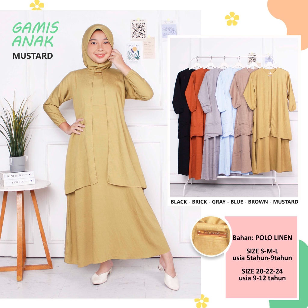 CIAHAW-Gamis Anak Perempuan syari Cringkel Polo Linen-Kancing Usia 6-12 Tahun