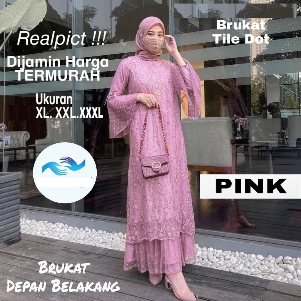 Dress Tile / Gamis Brukat Premium Pink Mint Super Jumbo Mewah Kekinian XL XXL XXXL 2XL 3XL LD 115 12