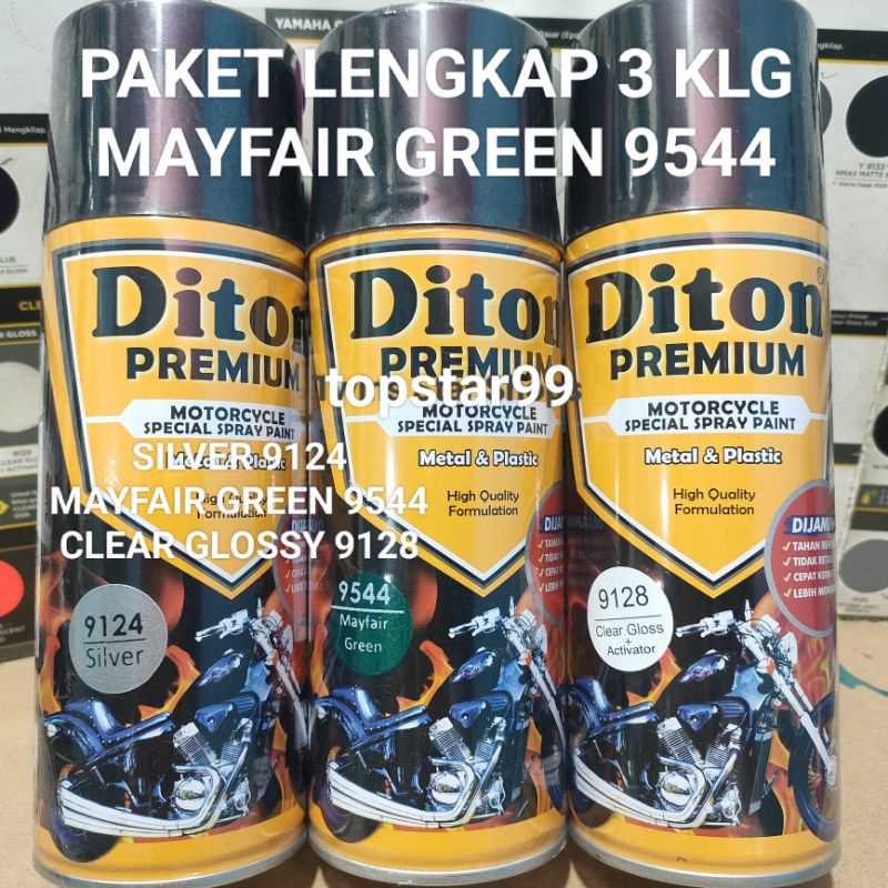 Diton Premium Paket Lengkap 3 Kaleng 400cc Hijqu Tua Metalic Metalik Mayfair Green 9544 Silver 9124 Clear Glossy 9128 Pilox Pilok Cat Semprot Spray Paint