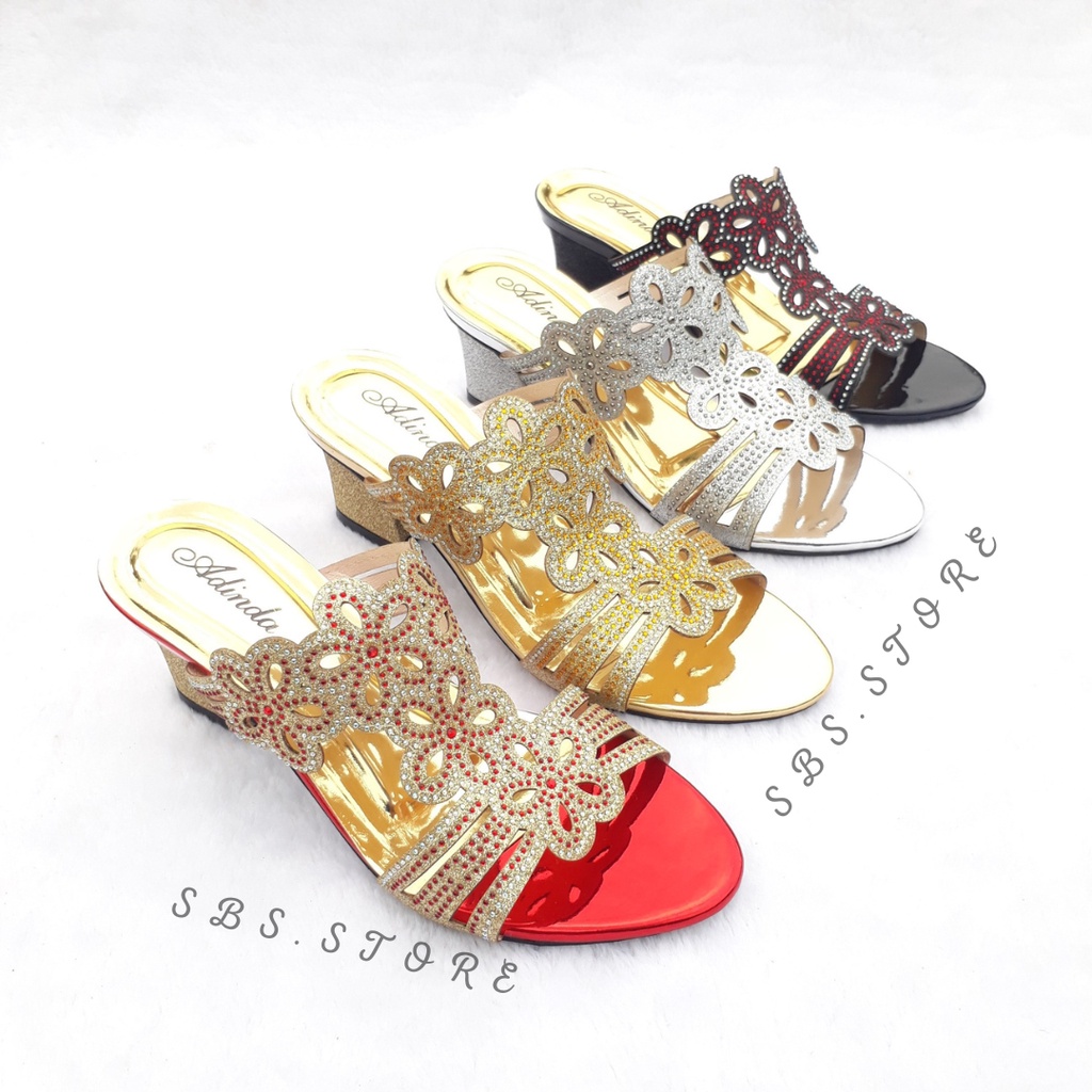 Sandal Pesta Wanita High Heels Mewah Motif Payet 06 Terbaru/Sendal Selop Wedges Hak Tahu 5cm Kekinian/Kondangan Pernikahan Pengantin