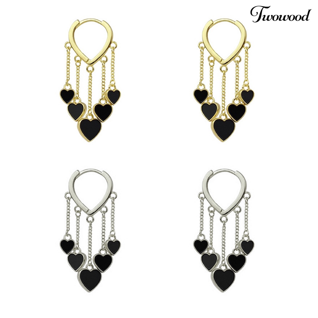 Twowood 1pasang Anting Menjuntai Gaya Korea Elegan Temperamen Paduan Hati Hitam Wanita Drop Earrings Fashion Jewelry