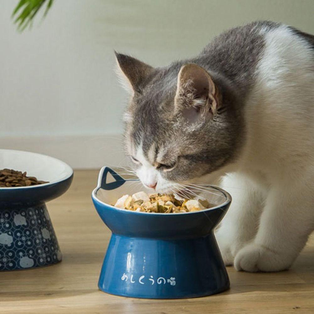 REBUY Rebuy Mangkuk Makanan Kucing Keramik Diangkat Berdiri Miring Ditinggikan Kucing Anjing Kucing Anti Muntah Pet Feeder Bowl