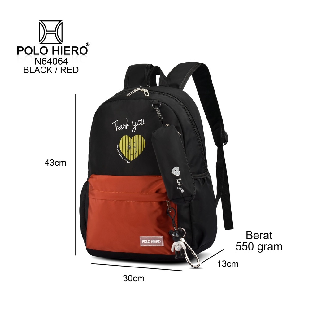 Tas Polo Hiero N64064 Tas Sekolah Wanita Tas Punggung Ransel Backpack Casual Free Gantungan Tas &amp; Pouch