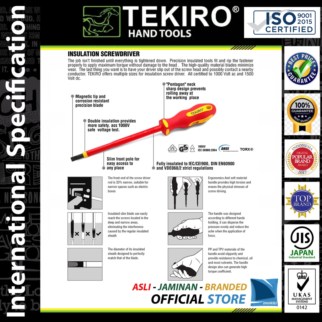 Obeng Khusus Listrik (-) Minus Panjang 75~175 mm Bermagnit - Insulation Screwdriver TEKIRO