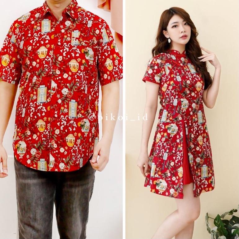 ⟳ S86 Dress merah batik sangjit / Cheongsam batik couple seragam keluarga qipao / congsam peacock pu