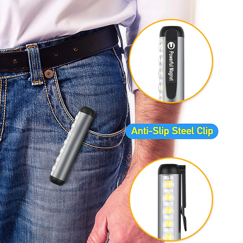 4mode Senter Genggam Tahan Air Isi Ulang USB Dengan Pen Klip Magnet COB XPE Torch Super Terang Portable Mini Multifungsi Untuk Hiking, Camping, Emergency Type-C