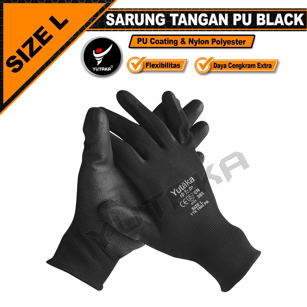 Sarung Tangan PU hitam black palm fit yutaka glove-L isi 100 psg/ Sarung Tangan Safety - PU Palm Coated Safety Working Gloves L