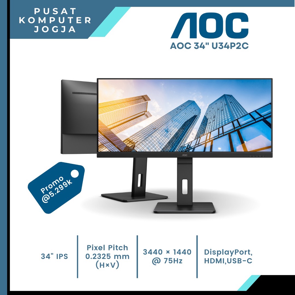 AOC Monitor U34P2C 34" IPS WQHD Ultrawide HDMI DP USB-C 65W Speaker