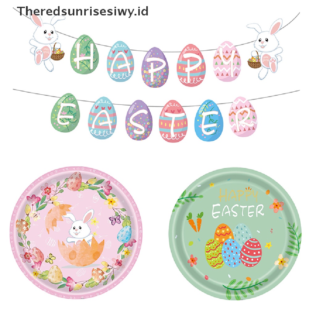 # Baju Lebaran # Happy Easter Banner Bunny Egg Plate Gelas Kertas Serbet Taplak Meja Dekorasi Paskah~