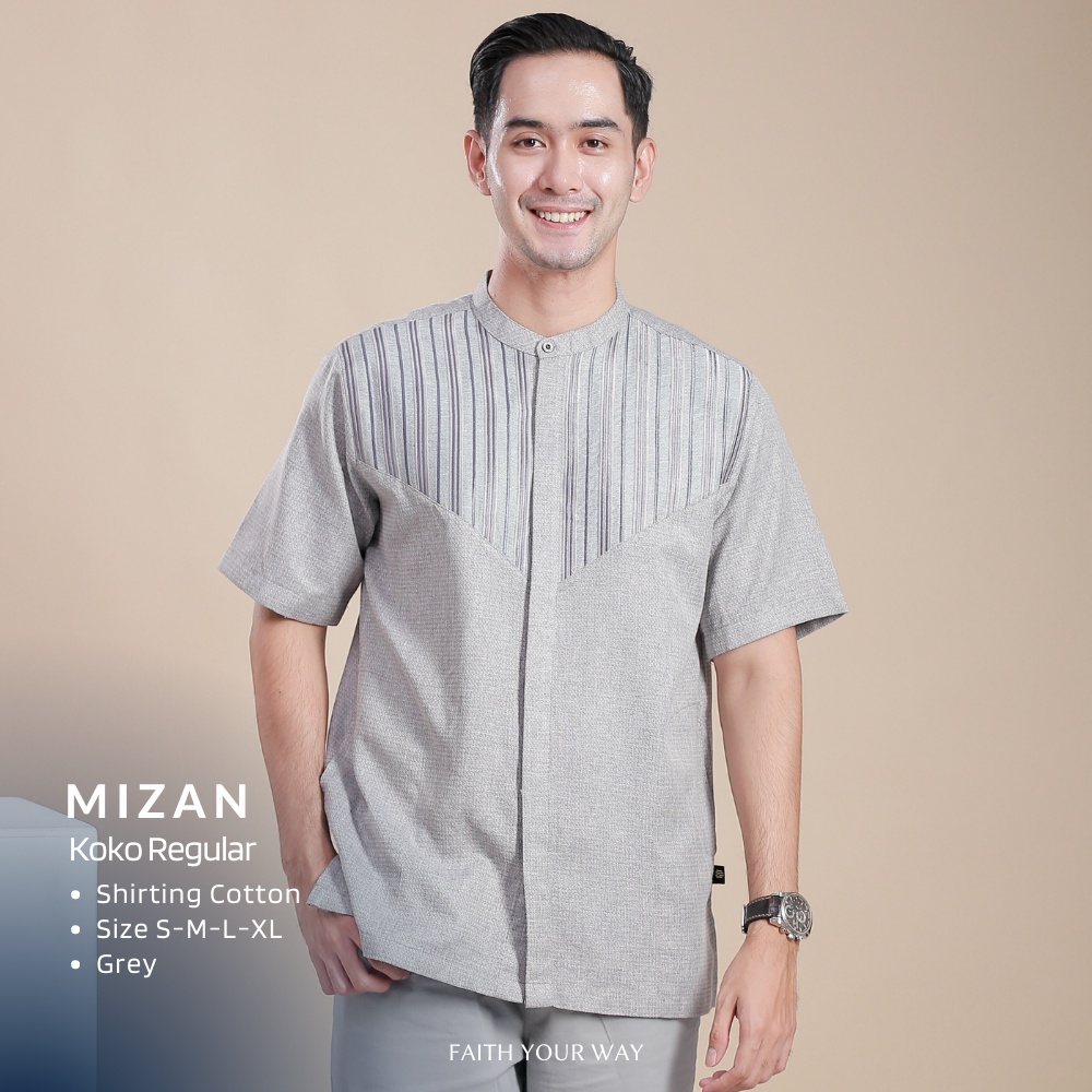 Muslimadani Baju Koko MIZAN Kemko Dewasa Lengan Pendek Baju Muslim Kemeja Koko Pria Bordir-GREY