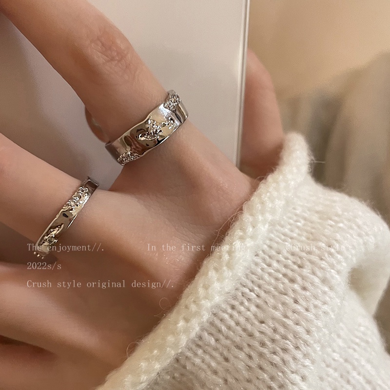 AY(CN) Cincin Simple Kristal Tepi Sempit Fashion Perak Polos Open Ring Untuk Aksesoris Perhiasan Wanita