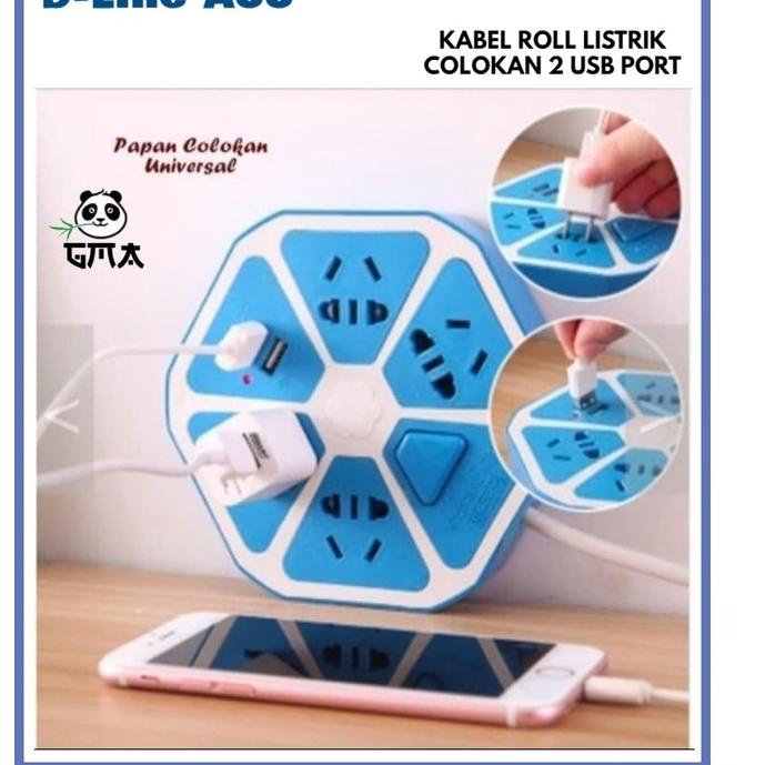 Terlaris Stop Kontak Hexagon Listrik 2 USB Port / Kabel Roll Colokan Jeruk