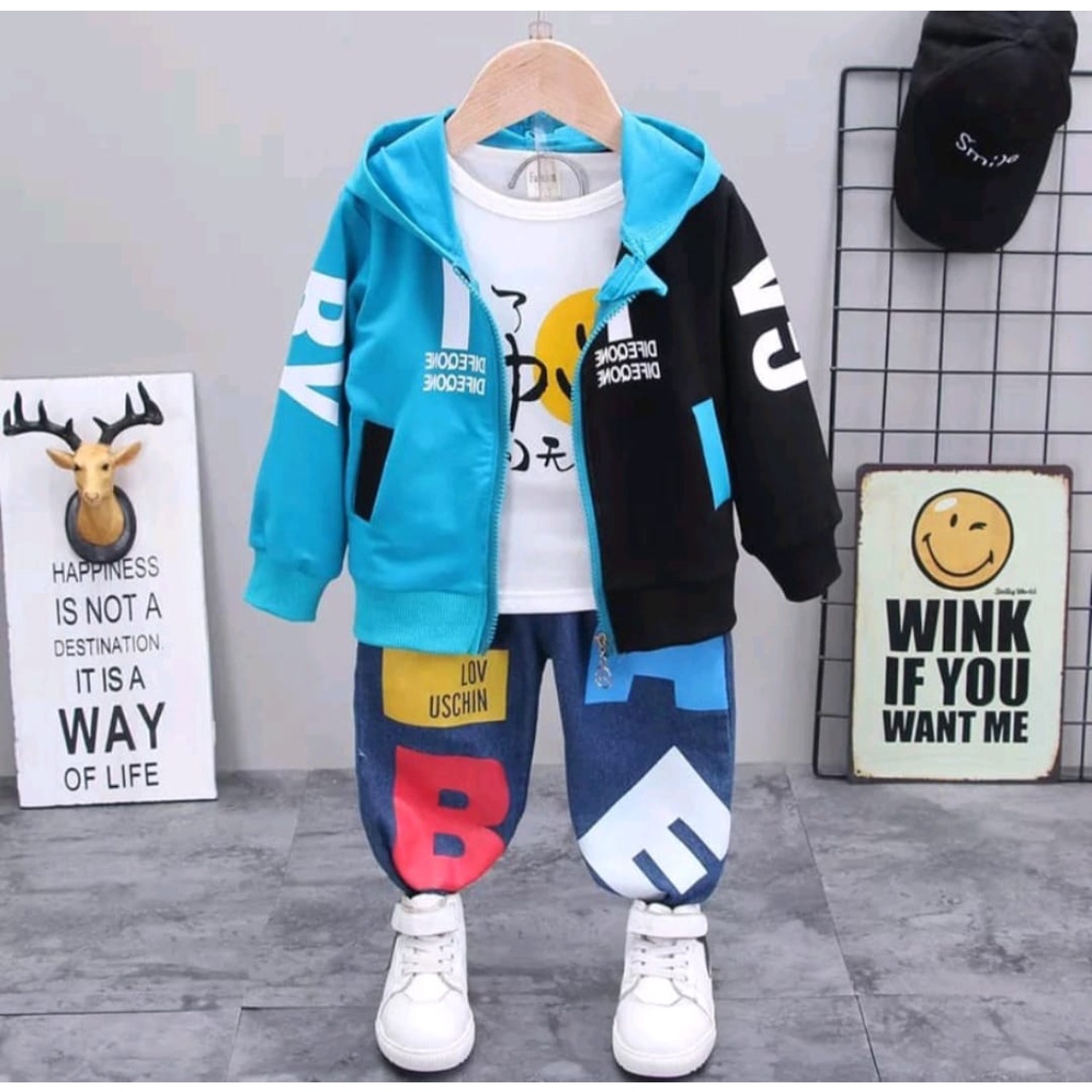 SETELAN SWEATER  JAKET  ANAK 3 IN 1 TERBARU MOTIF SMILE USIA 6 BULAN -5 TAHUN ANAK LAKI LAKI