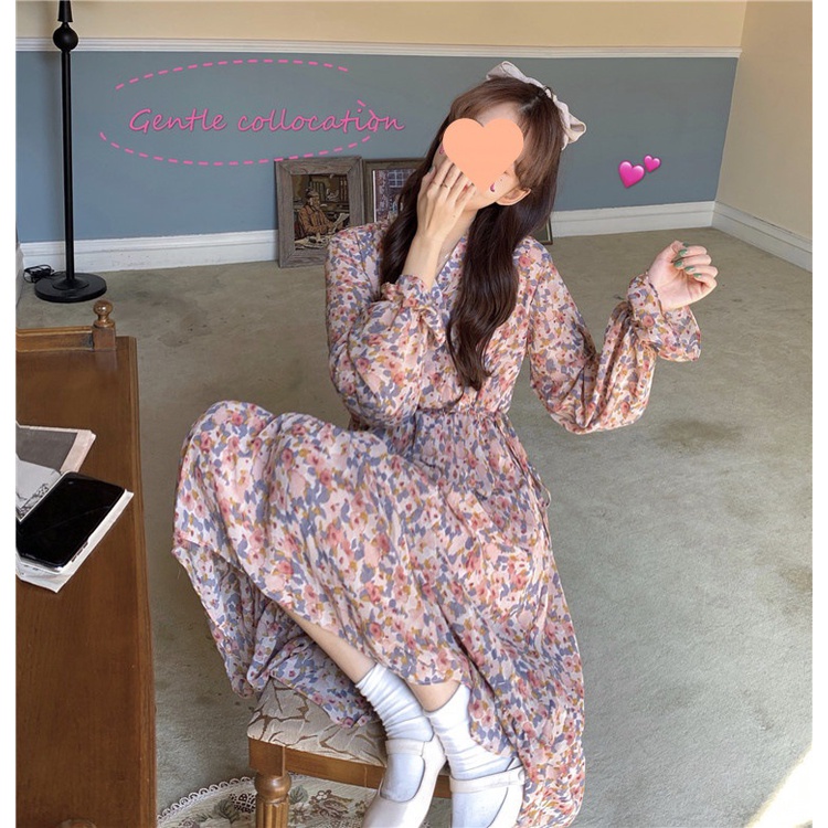 [Pengiriman 24 Jam] Midi Dress Korea Lengan Panjang Wanita Motif Bunga Model / Vintage / Casual Baha