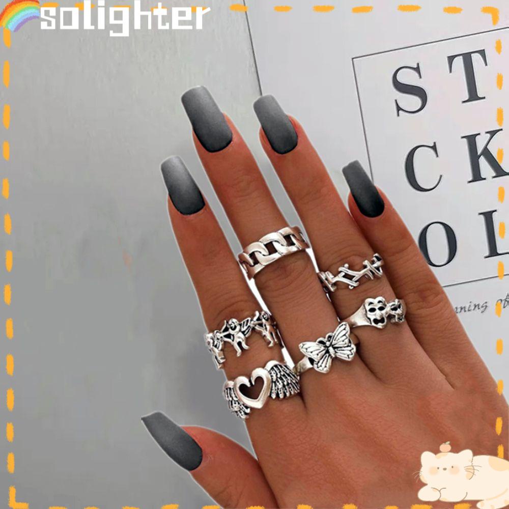Solighter 6pcs/Set Cincin Jari Set Wanita Pria Kupu-Kupu Tengkorak Hati Sayap