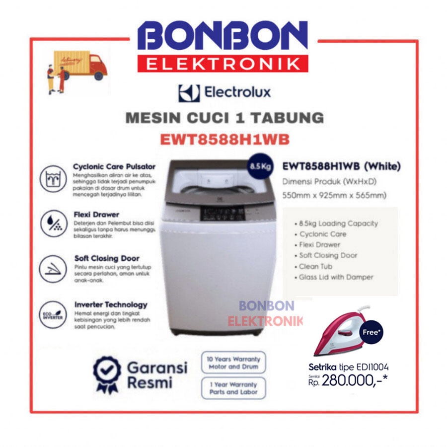 Electrolux Mesin Cuci 1 Tabung 8.5KG EWT8588H1WB / EWT 8588H1WB