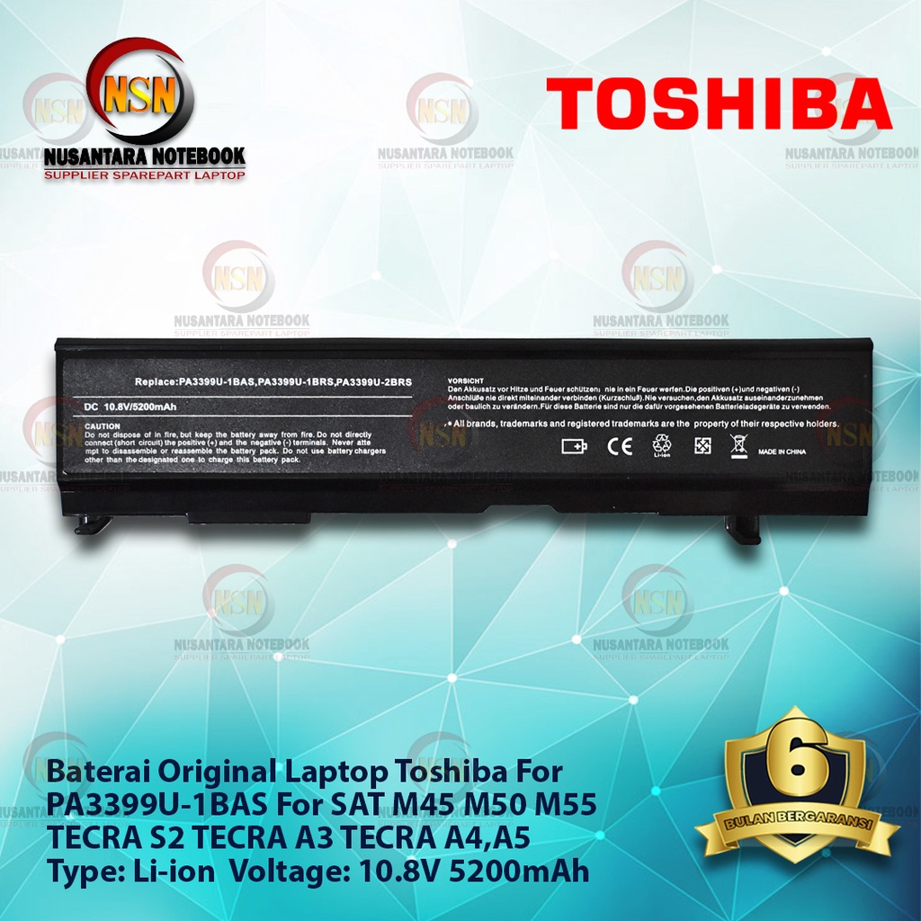 Baterai OEM Laptop Toshiba PA3399 M45 M50 TECRA Series 10.8V 5200mAh