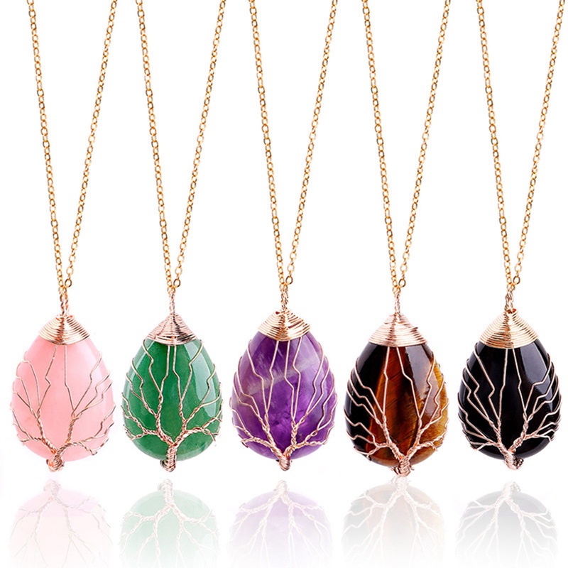 Batu Opal Kuarsa Alami Liontin Buatan Tangan Warna Rose Gold Handmade Pohon Kehidupan Dibungkus Drop Shaped Kristal Pendant Kalung