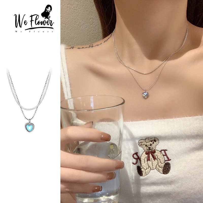 We Flower Korea Double Layered Glossy Moonstone Heart Pendant Necklace Untuk Wanita Gadis Elegan Perak Tipis Rantai Kalung Engagment Pesta Perhiasan Hadiah