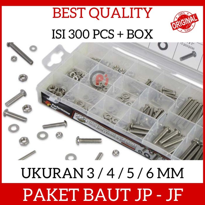 Per Set 300Pcs Baut Mur Ring JP JF 3 4 5 6mm Banyak Ukuran Plus Box