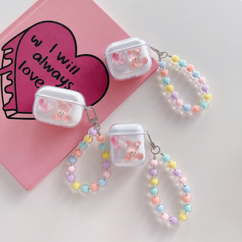 Korea Lucu Beruang Bening Earphone Case Kompatibel Untuk Airpods1 2 Pro Dengan Manik-Manik Gelang Pelindung Soft Cover Kompatibel Untuk Airpods 3rd Air pods Pro2