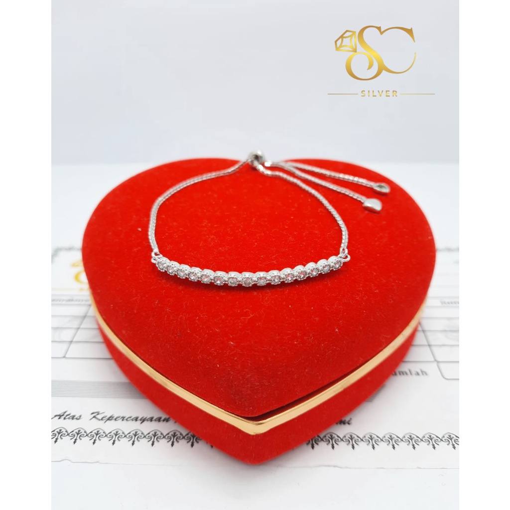 Gelang Serut Wanita Perak Asli Silver 925 Lapis Emas Putih Model Gelang Serut Baris Permata Bulat